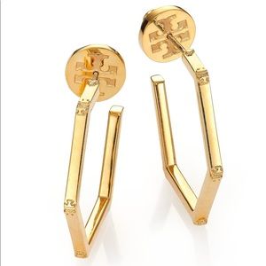Tory Burch Hex-Logo Hoop Earrings Gold